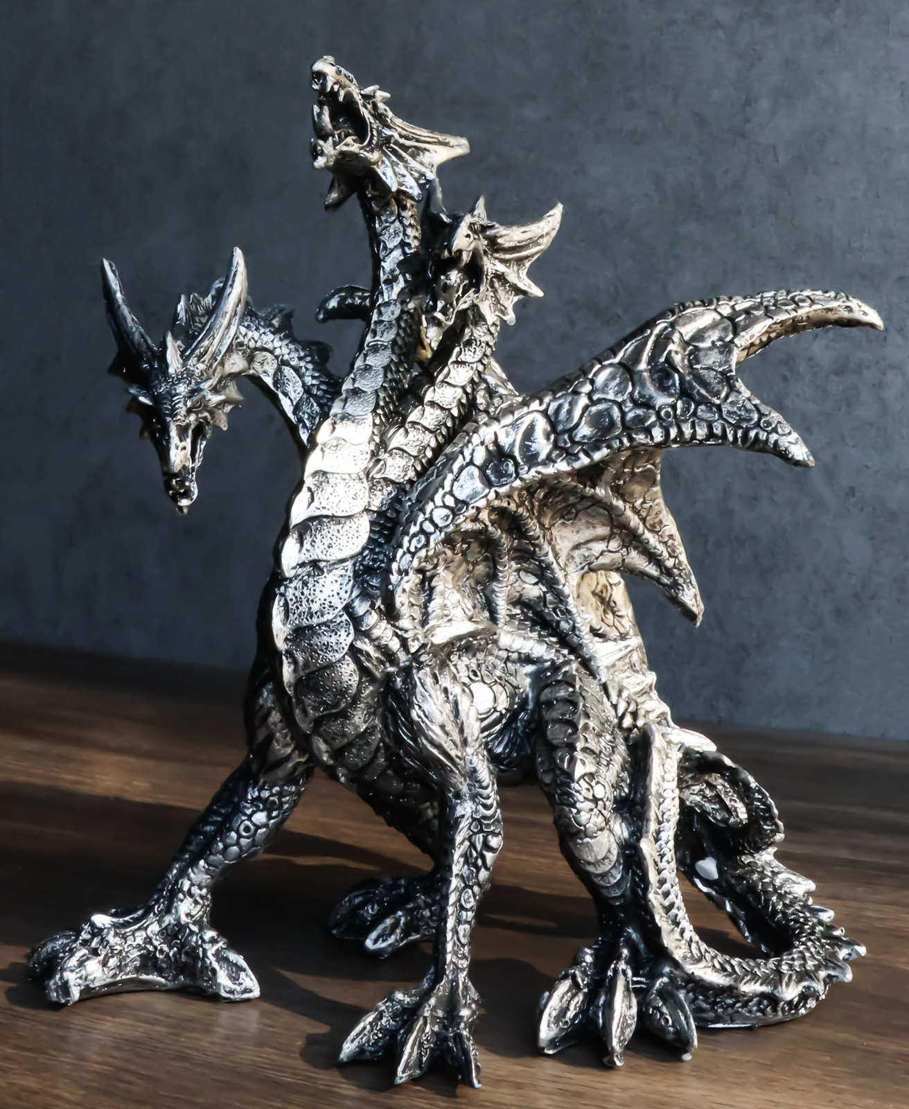 Gothic Silver Three Headed Dragon Hydra Roaring Statue 8