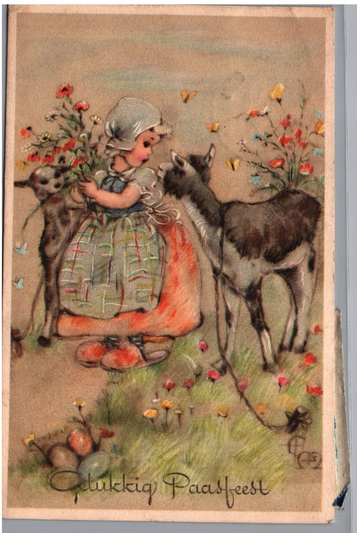 Postcard Easter Gelukkig Paasfeest Child Animals Flowers Embossed Posted 1950