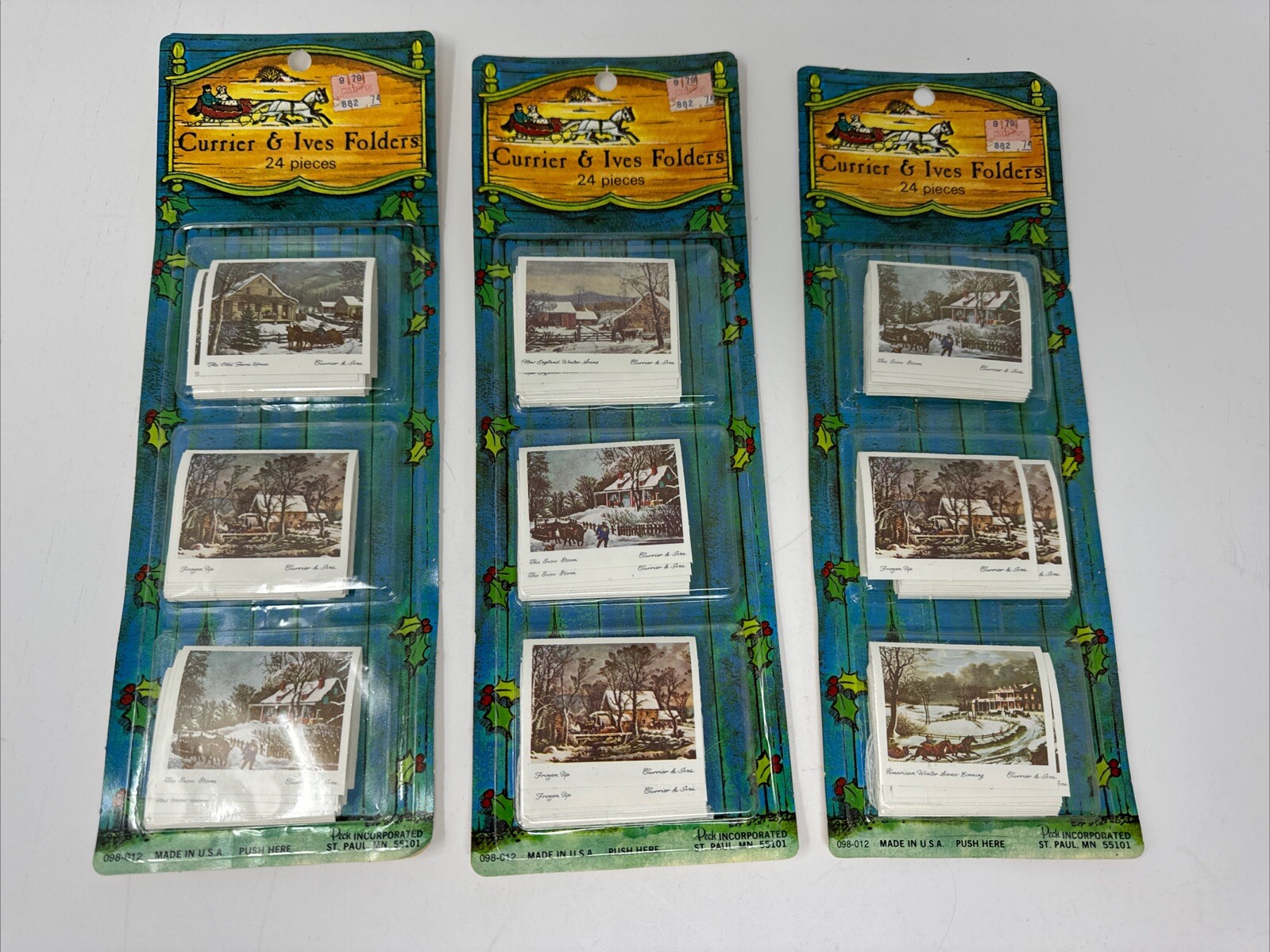 3 Packages Currier & Ives Christmas Gift Tag Folders w/ Strings Vintage NOS