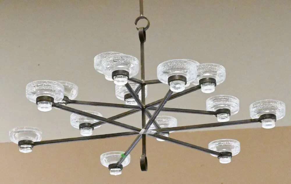 Erik Hoglund Iron and Glass Mid Century Hanging Chandelier