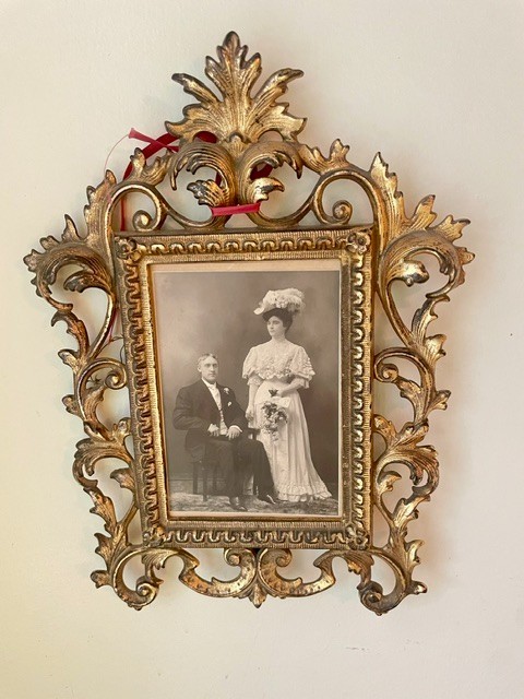 Antique Victorian Ornate Scrollwork Brass Frame w/ B&W Wedding Photo Wall Mount