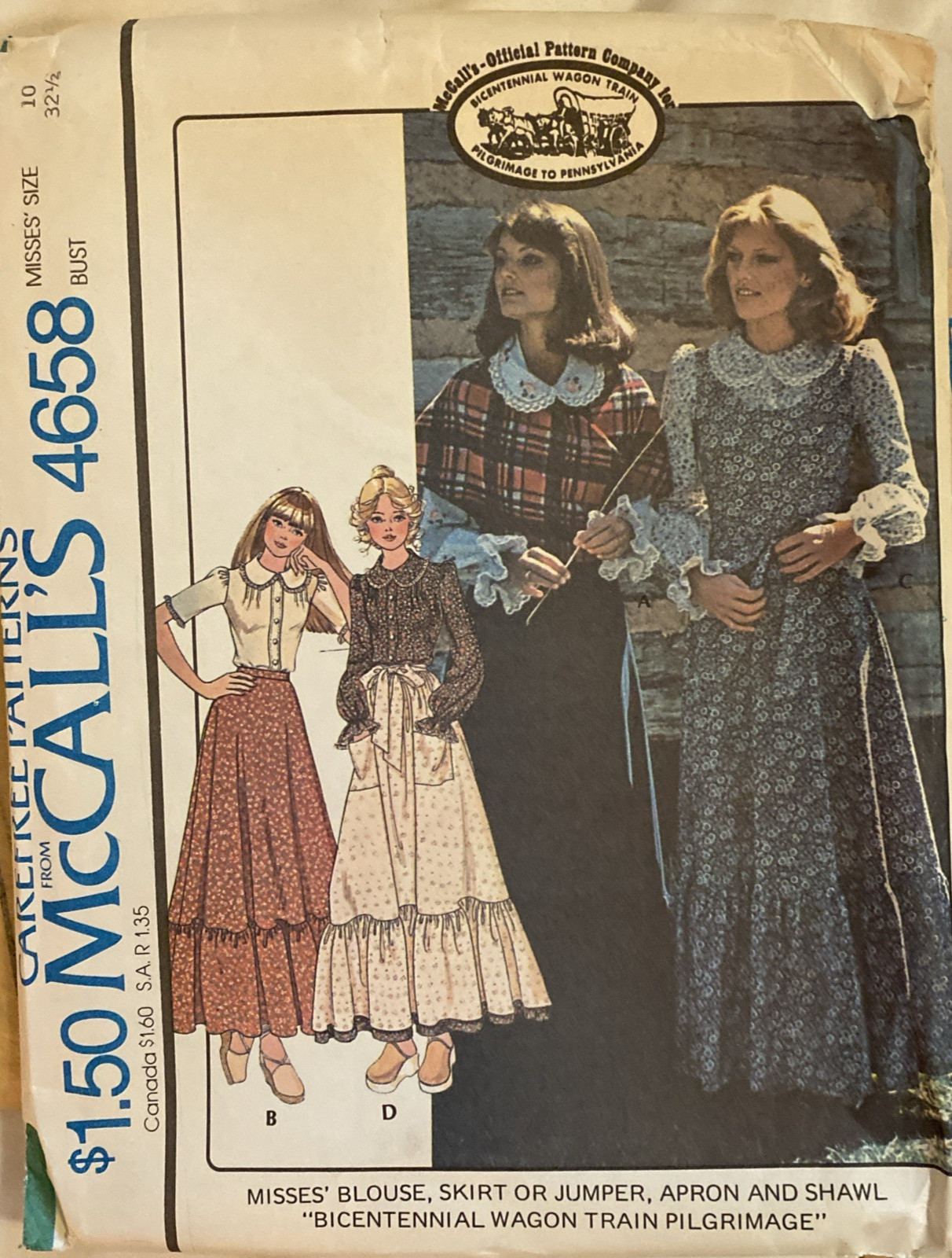 VTG 1975 McCall's Bicentennial Wagon Train Skirt Jumper Blouse Apron Shawl UNCUT