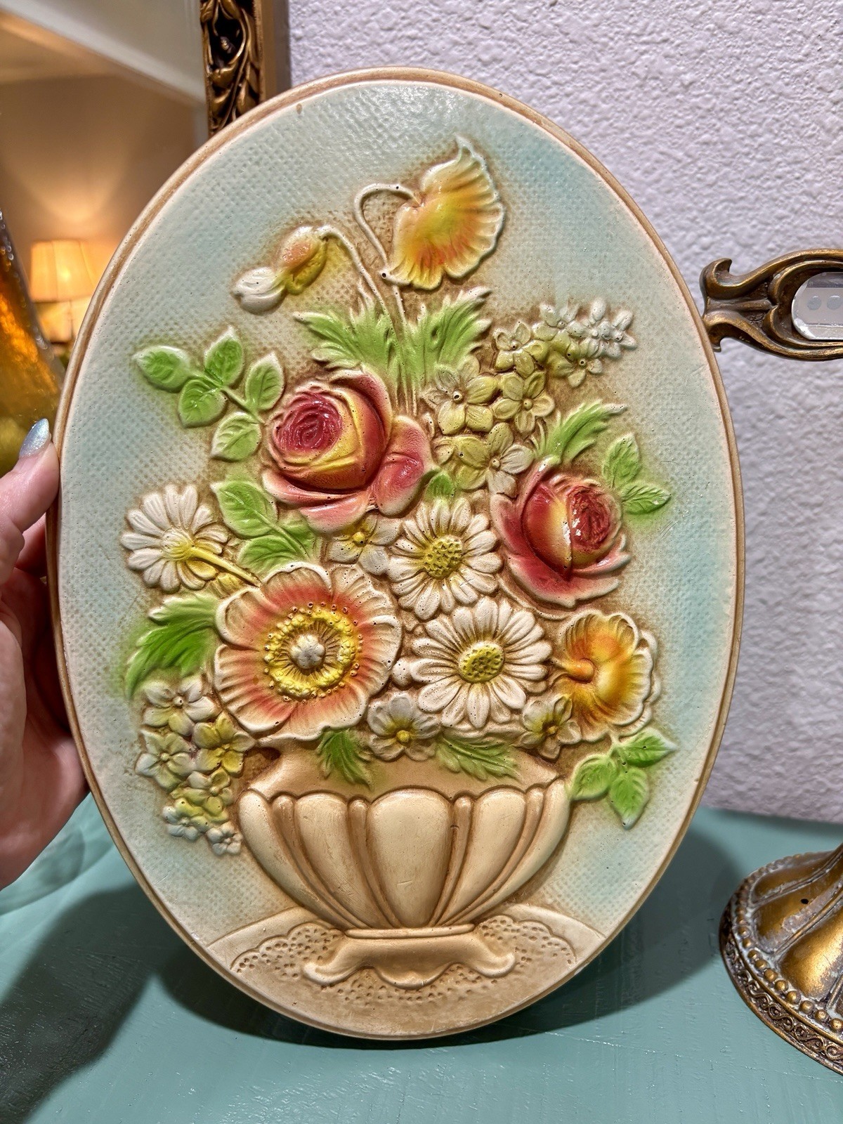 Vintage  3D hand-painted chalkware or plaster relief floral wall plaque