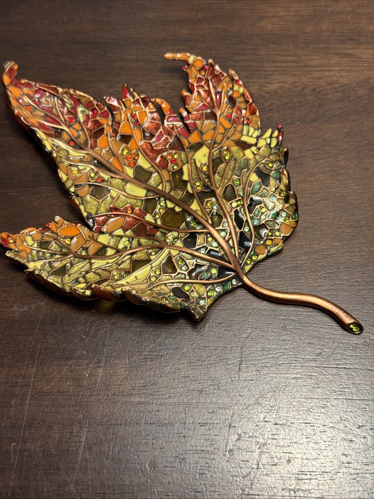 Gorgeous Vintage Rare Jay Strongwater Metal Enamel Leaf with Crystals