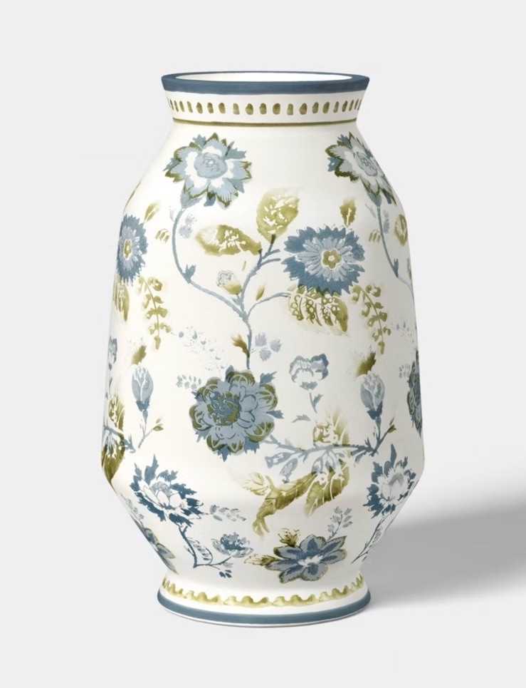 Tall Floral Painted Ceramic Vase Blue/Green - Threshold