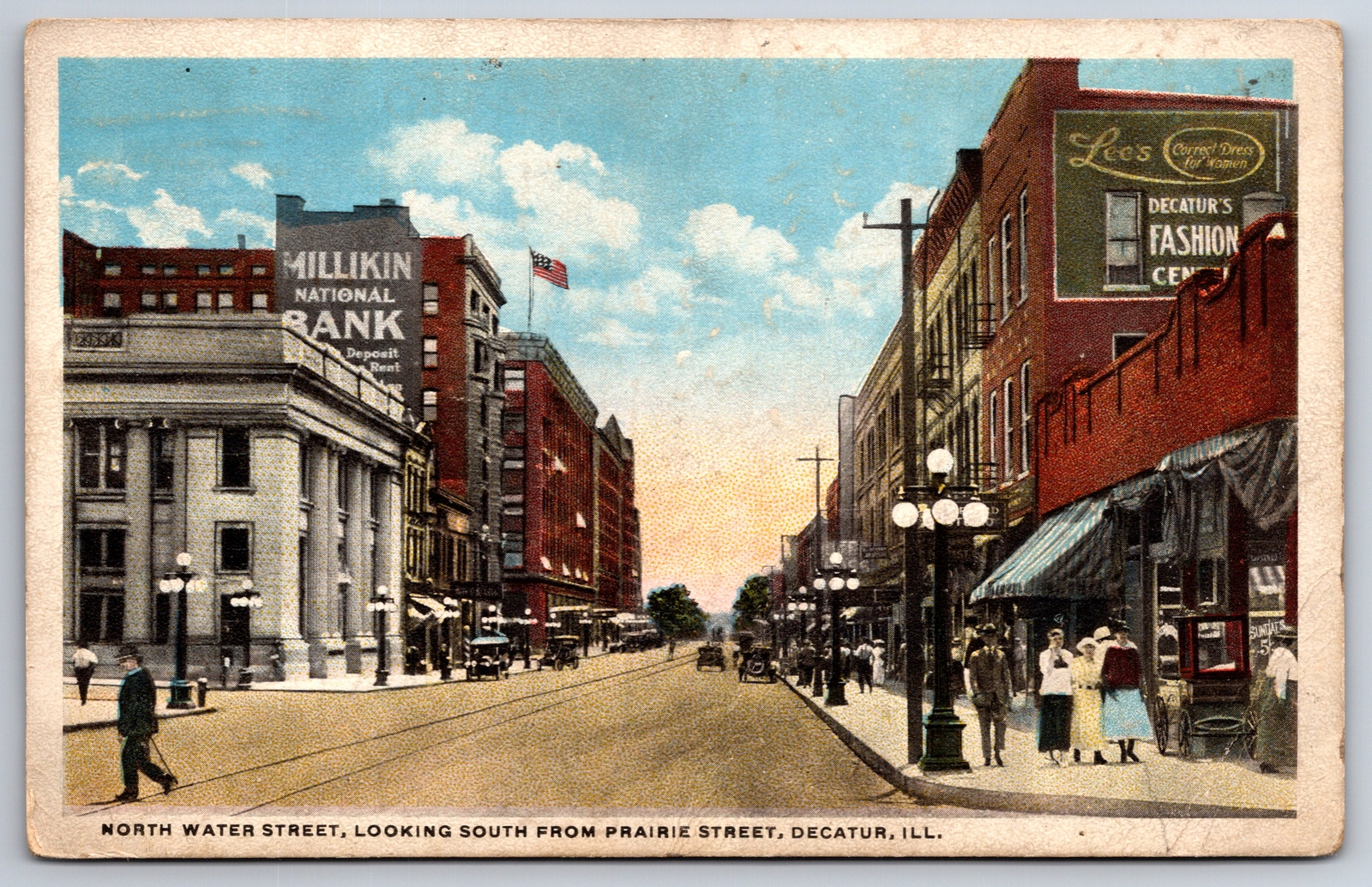 Decatur Water St~Millikin Nat\'l Bank~5 Globe Street Lamps~Lee\'s Correct Dress PC