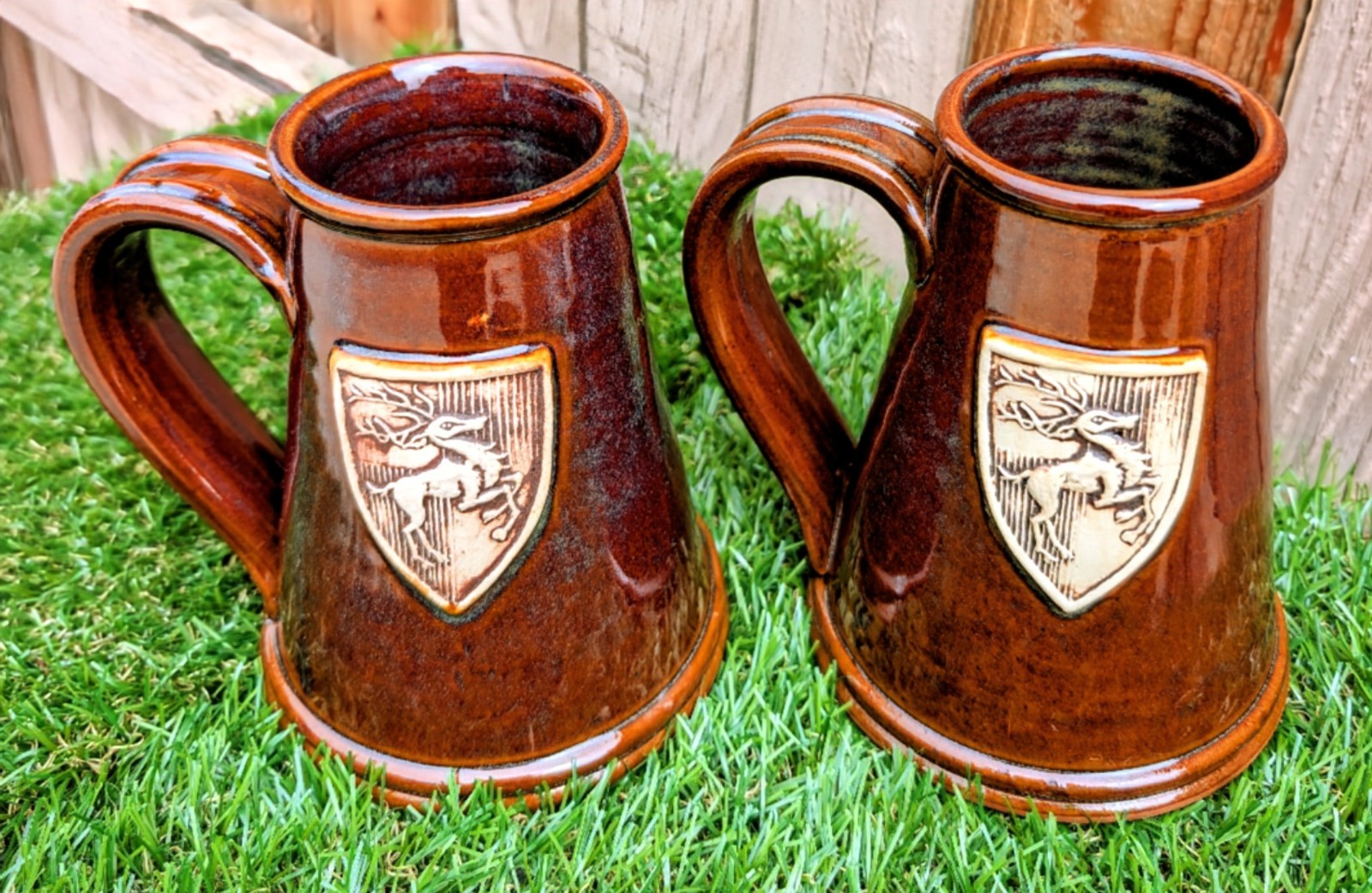 RARE Pair (2) ~ Brown Inverted-V 16 oz Deneen Pottery Tankards - 1985