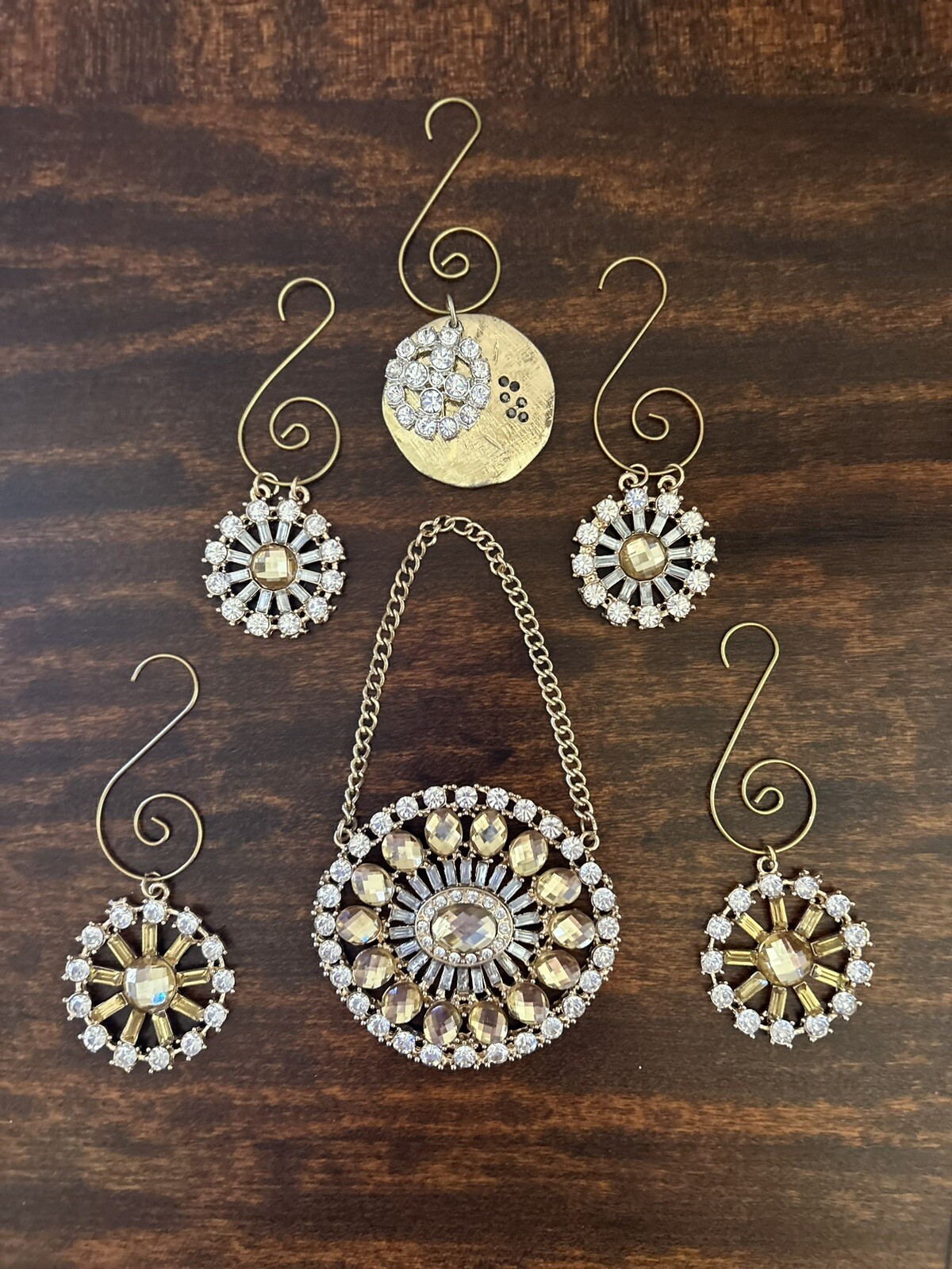Jewel Encrusted Ornaments For Tabletop Christmas Tree Handmade Goldtone Lot of 6