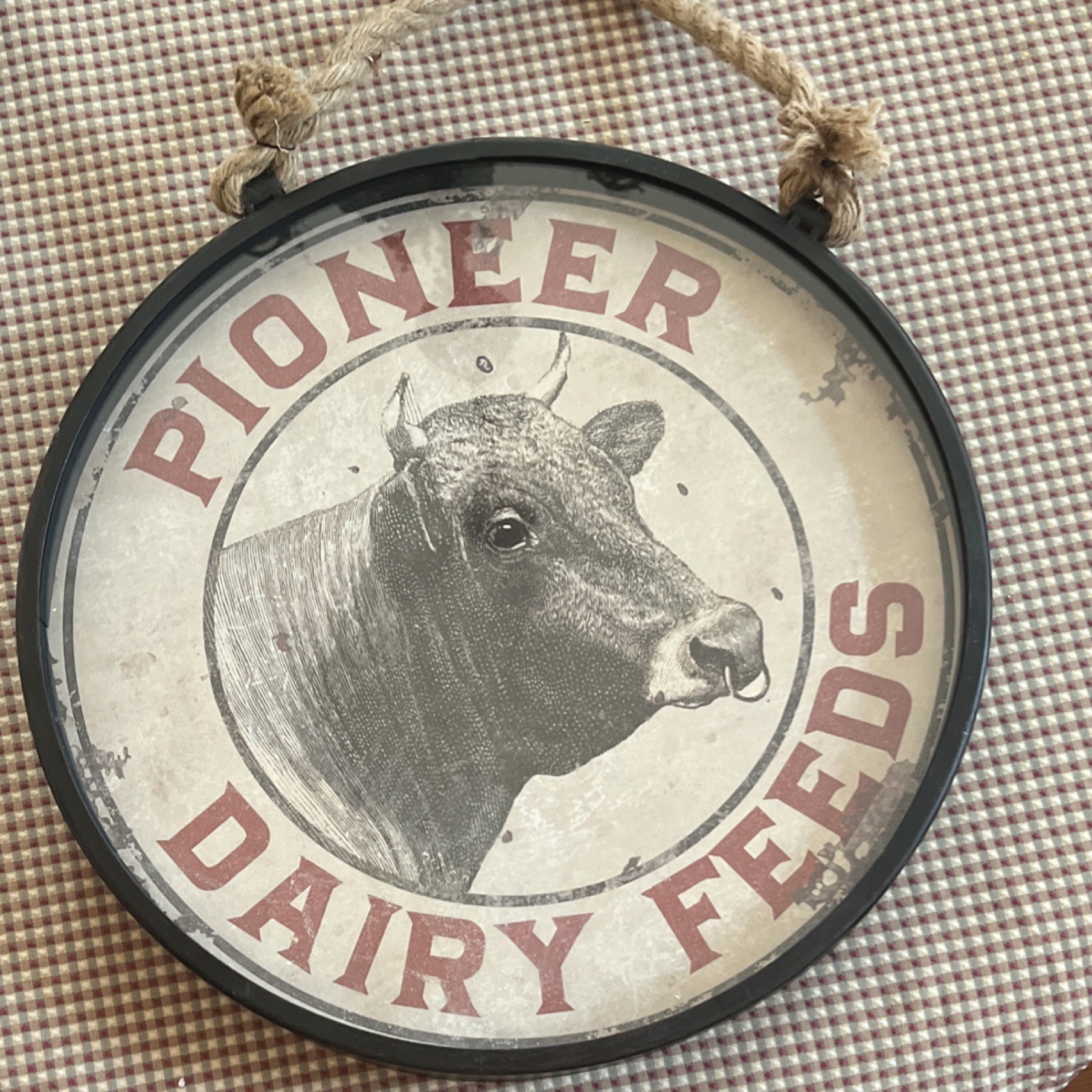 Pioneer Dairy Feeds Advertising Sign Cow Graphic Round Black White Red