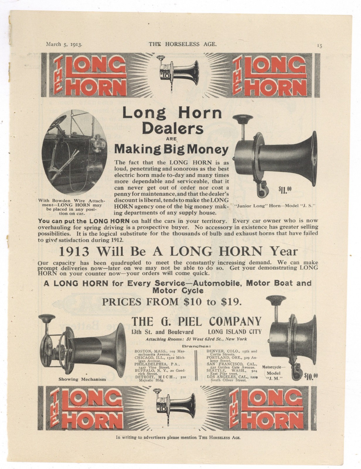 1913 G. Piel Co. of Long Island City, New York Ad: Long Horn Automobile Horn Pic