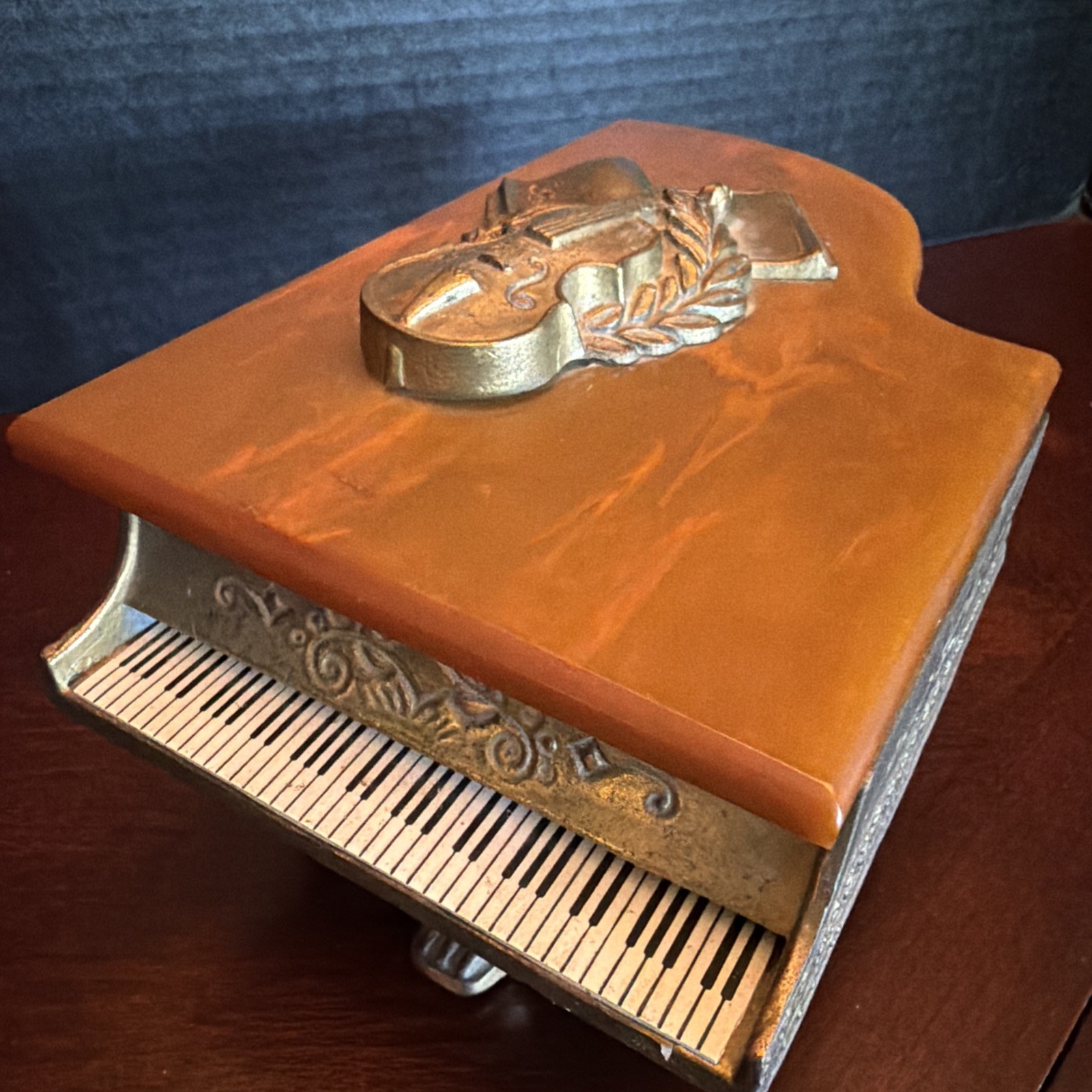 Antique Bakelite Butterscotch Catalin Thorens Grand Piano Music Box, Working