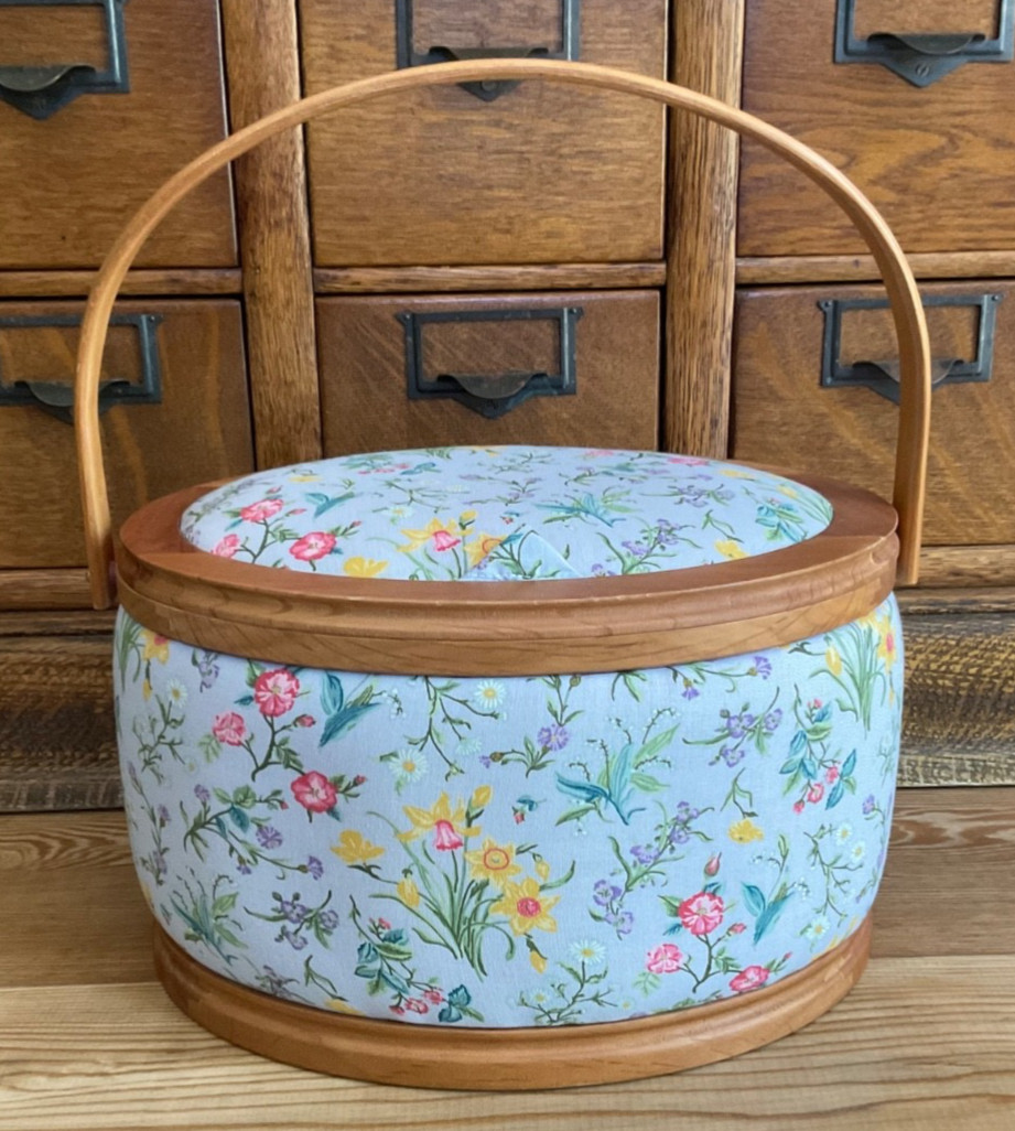 CLAIRE MURRAY Nantucket Style Wooden Sewing Storage Basket Fabric Exterior Flaw