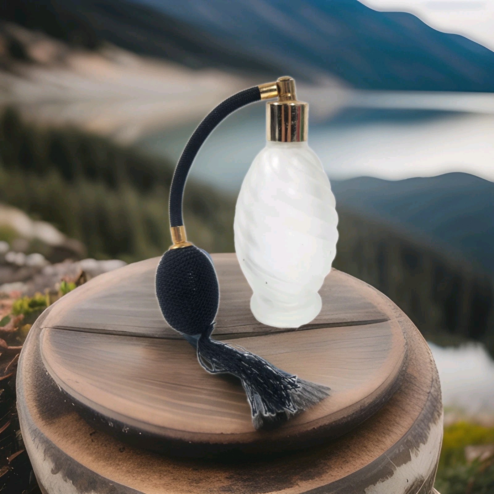 Vintage Frosted Swirl Ribbed Glass Perfume Atomizer Bottle Black Air Bulb Tassel Vintage Frosted Swirl Ribbed Glass Perfume Atomizer Bottle Black Air Bulb Tassel