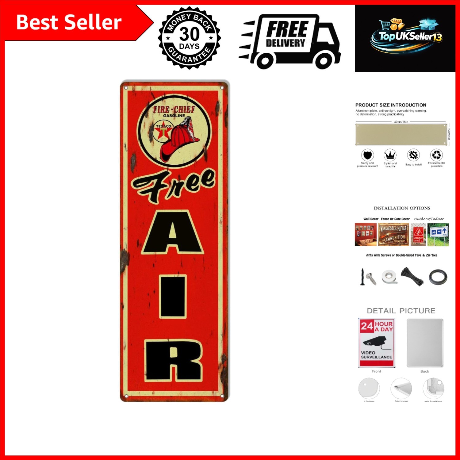 Retro Metal tin Sign Free Air Gasoline Reproduction Garage Shop Metal Sign Fu...