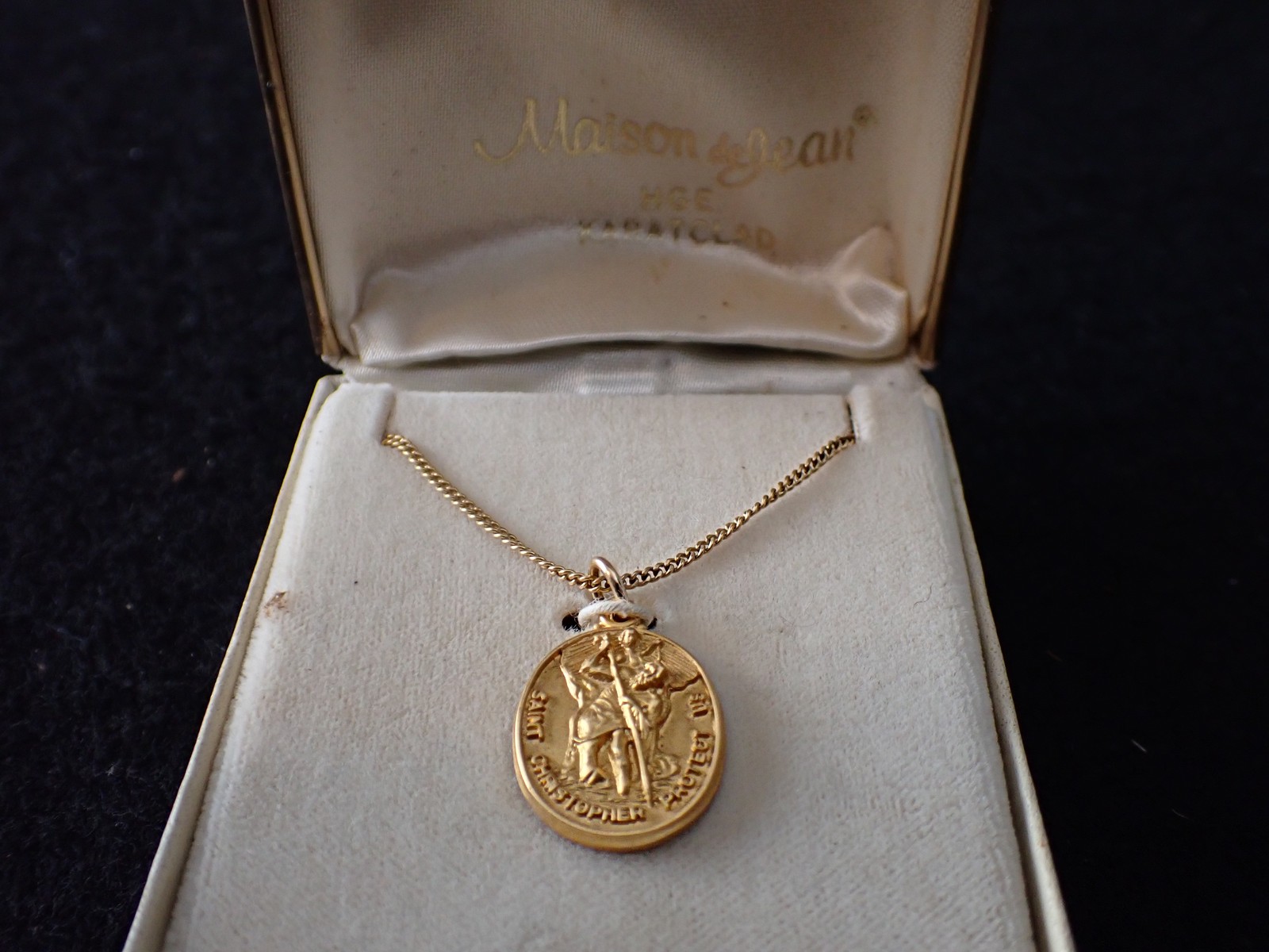 NOS Vintage Maison de Jean St Christopher Medal Necklace HGE Gold Plate in Box