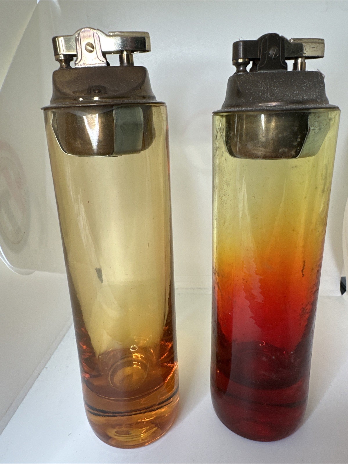 2 Vintage Blenko Art Glass Table Lighters Tangerine Amberina & Apple Juice