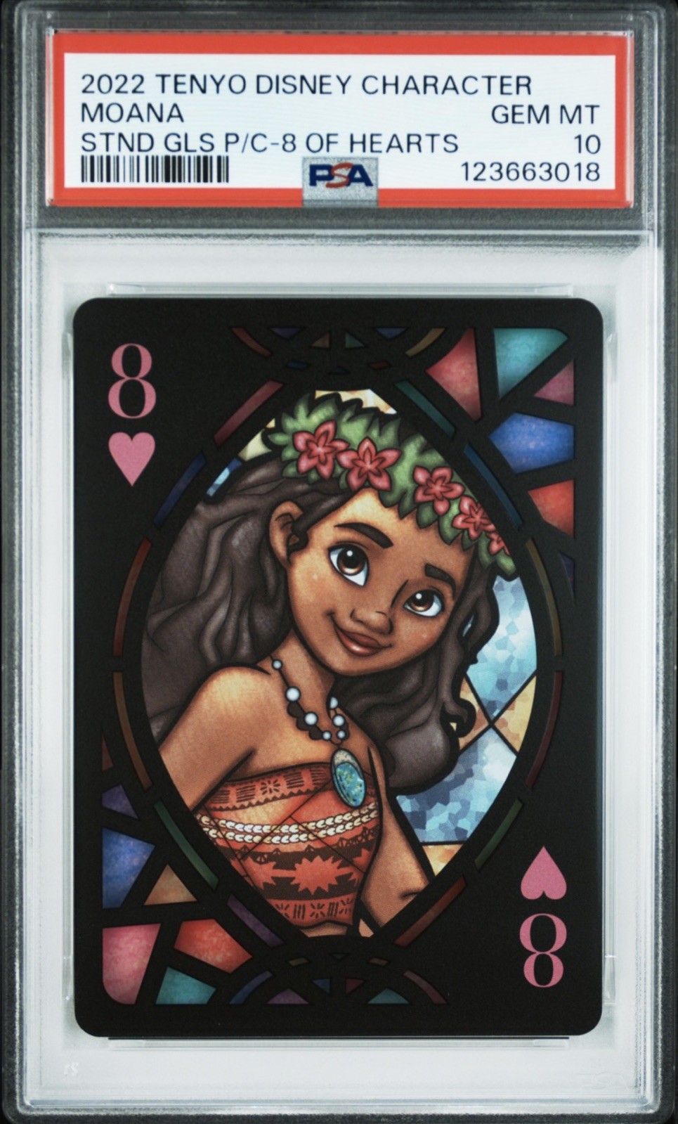 2022 MOANA PSA 10 TENYO DISNEY CHARACTER STAINED GLASS PLAYING CARD 8 HEARTS 