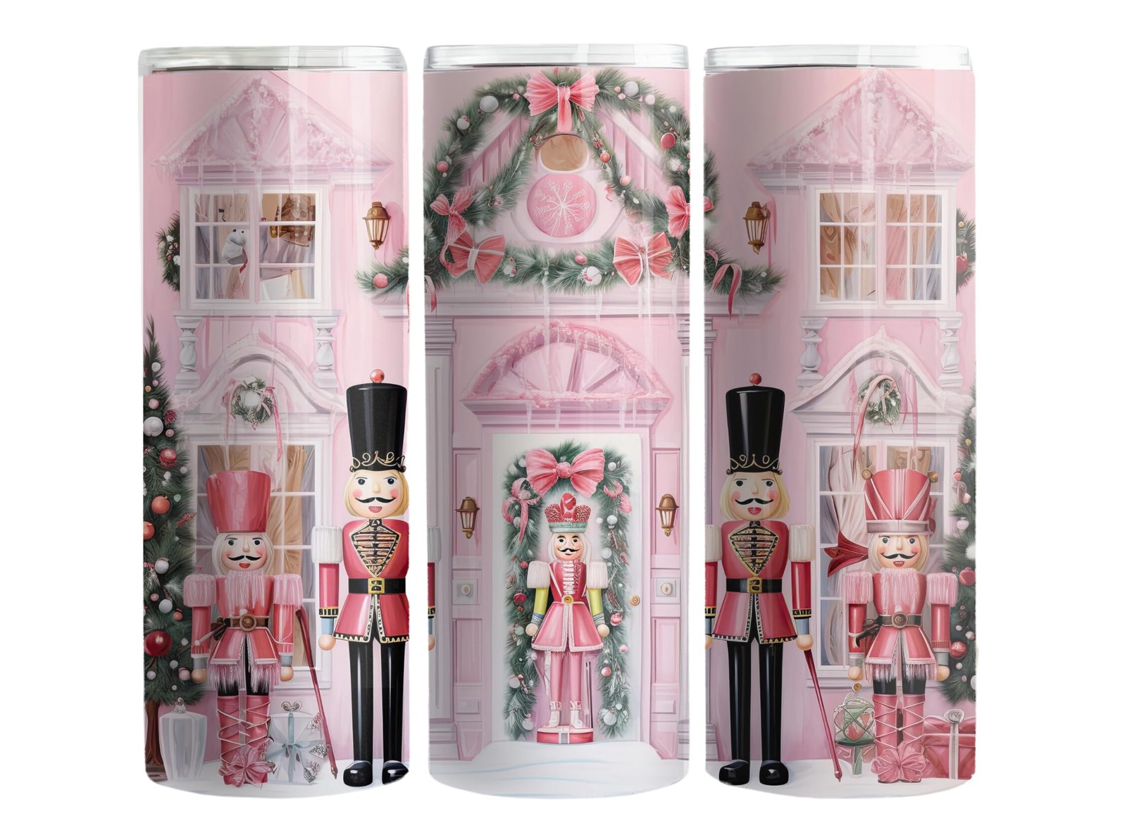 Pink Wonderland: Nutcracker Christmas House 20oz Skinny Tumbler - white, pink Pink Wonderland: Nutcracker Christmas House 20oz Skinny Tumbler - white, pink
