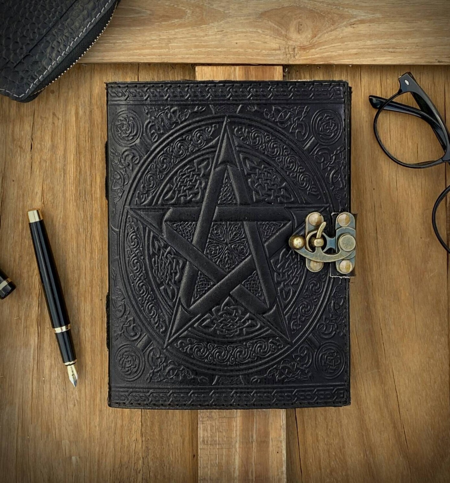 Handmade Wicca leather journal, black pentagram embossed blank spell book