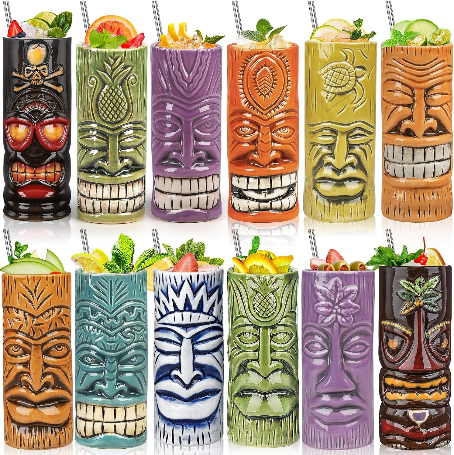 Tiki Mugs Set of 12 - Large Cocktail Tiki Glasses Hawaiian Party Cute Exotic Coc
