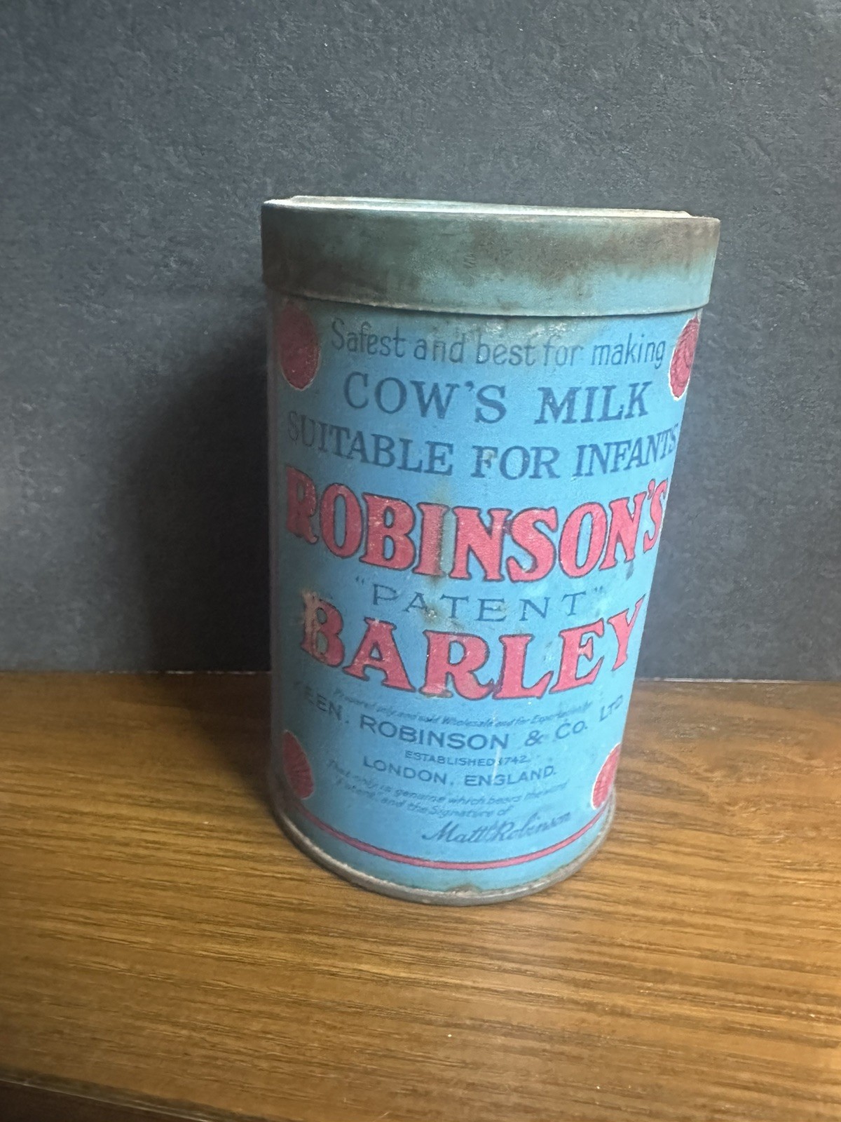 Antique Tin Cows Milk Robinson’s Barley 1920s Blue Tin Primitive Farmhouse Decor
