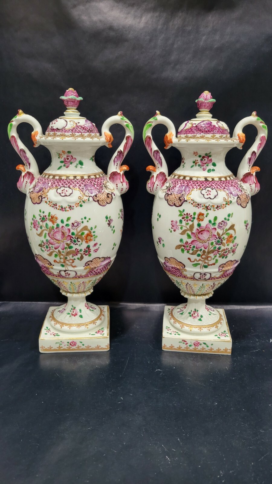 Pair of Antique Vintage Edme Samson Paris Urns with Lid, 12 1/4\