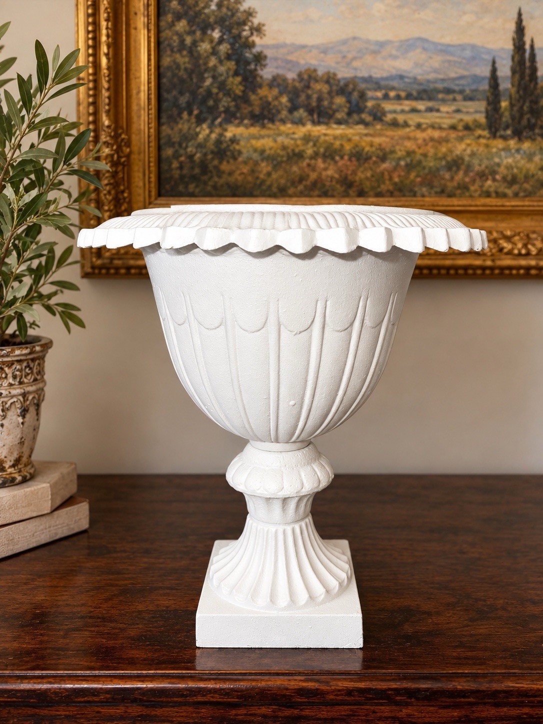Vintage Cast Iron Garden Urn Planter Classical Pedestal White 13.75” Ornate