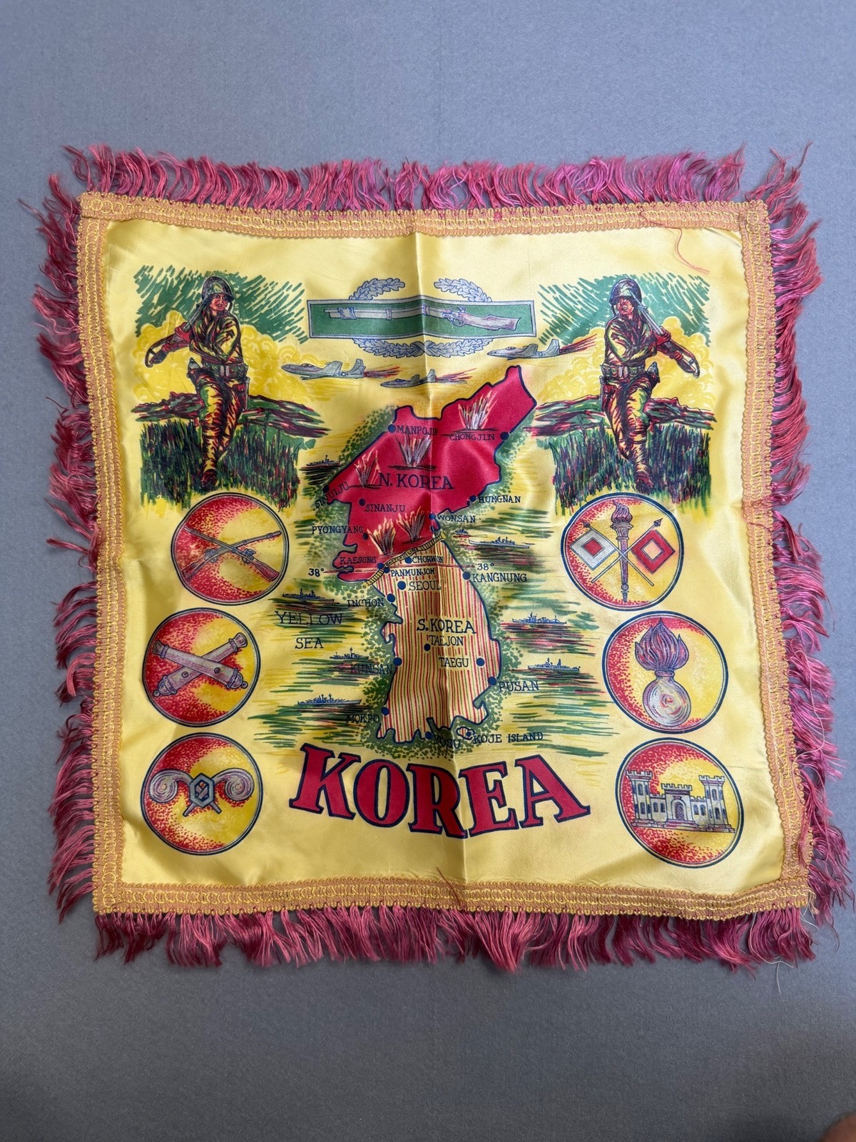 Vintage Korean War Souvenir Silk Map With Fringed Edges 17 x 18 Inches