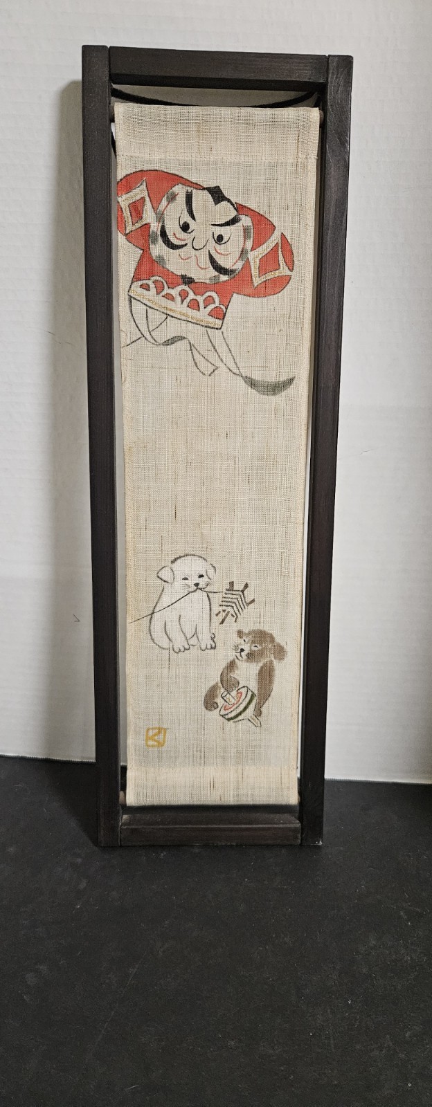 VTG Japanese Fabric Folk Art Painting Wooden Framed & Rope Hanger Excellent VTG