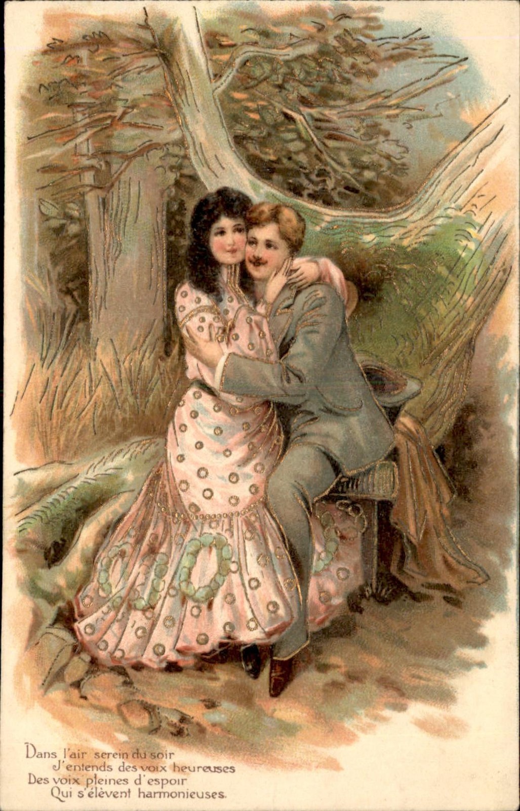 Romantic Couple Forest Illustrated Embossed c1900s-10s Vintage Postcard