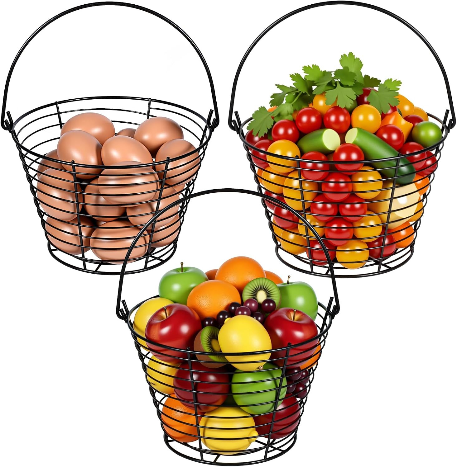 Kifmurase 3 Pcs 8” Egg Collecting Basket, Wire Baskets Metal Storage Basket
