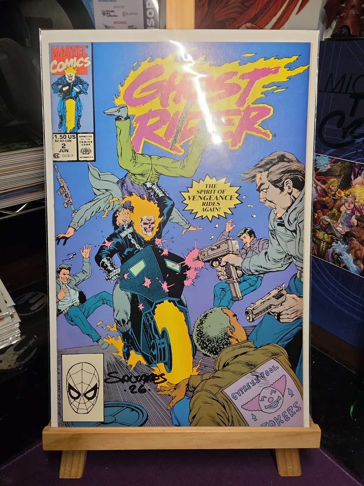 GHOST RIDER 2 SIGNED & COVER & ART JAVIER SALTARES COA STORY HOWARD MACKIE 1990.