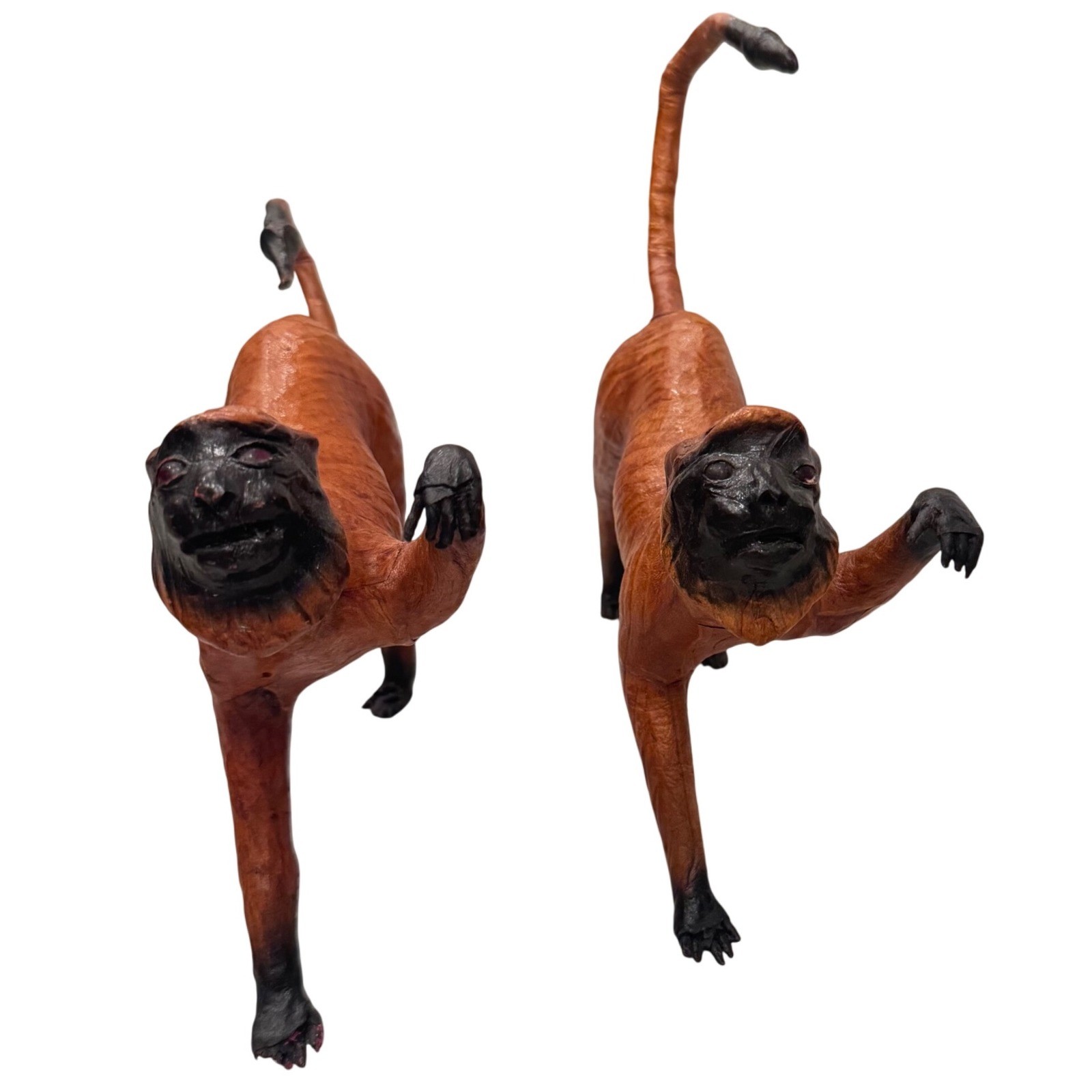 Vintage Leather Monkey Figurines Set of 2 MCM Boho Woodland Decor glass eyes
