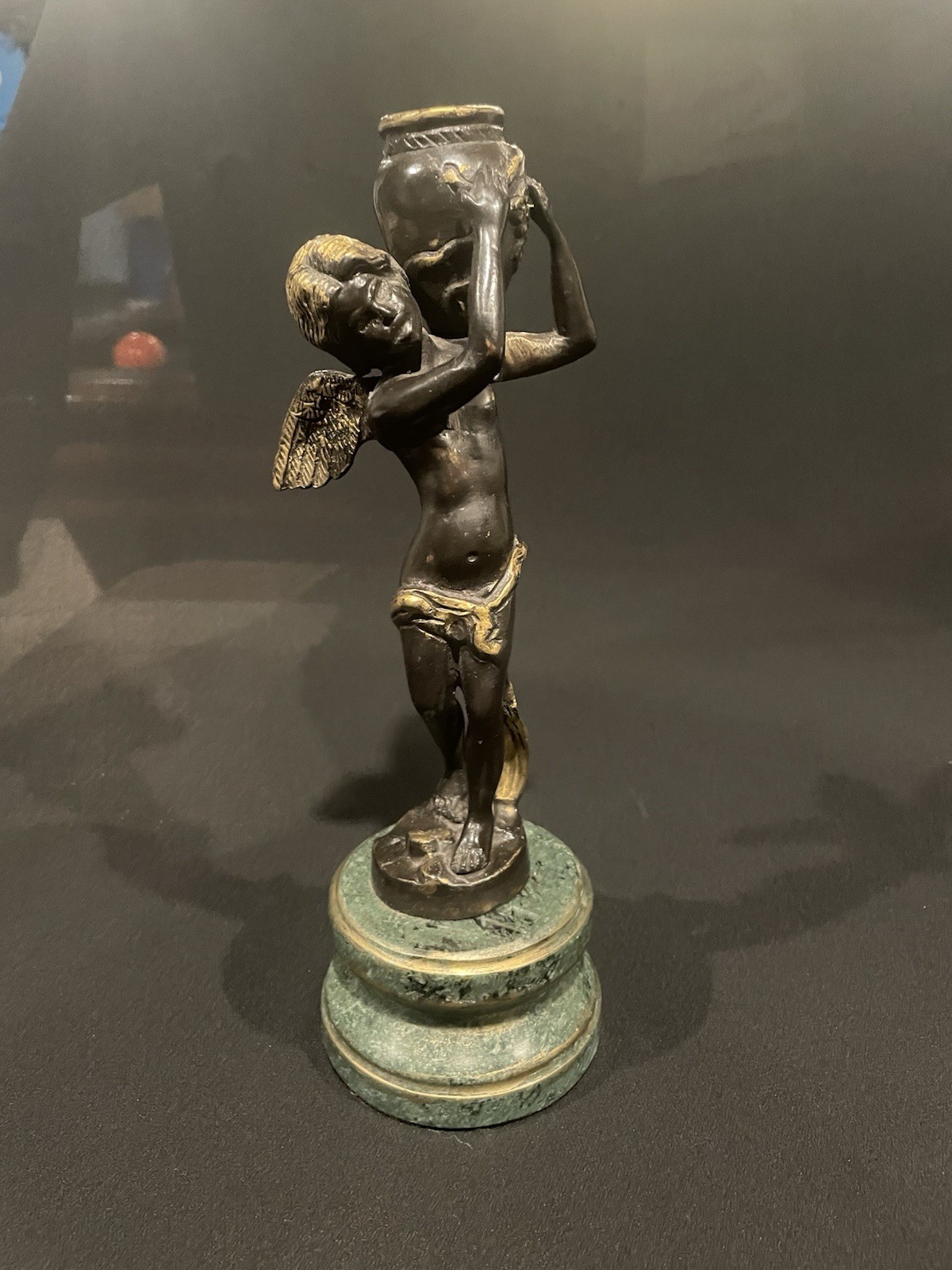 Vintage Bronze Statue of a Cupid Angel Holding Jug on Marble Base 11”