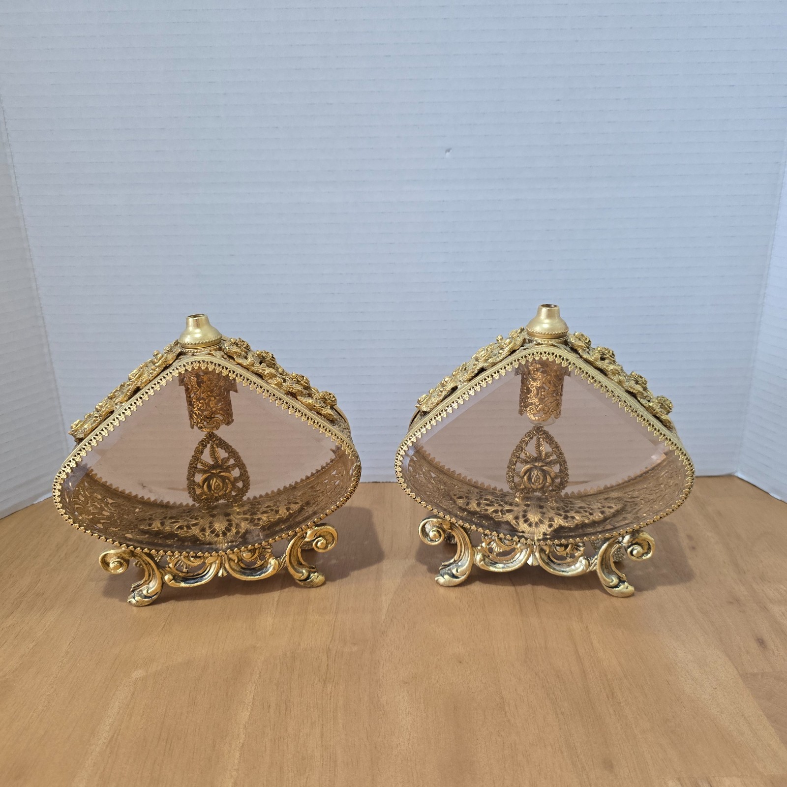 Pair VTG Hollywood Regency Gold Ormolu Rose Filigree Vanity Perfume Bottles Pair VTG Hollywood Regency Gold Ormolu Rose Filigree Vanity Perfume Bottles