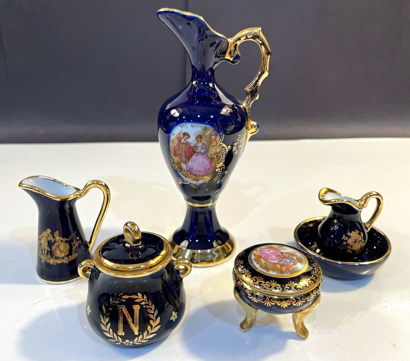 Vintage Limoges France Cobalt Blue Gold Porcelain Miniature Lot 5-Set F.M. & PL