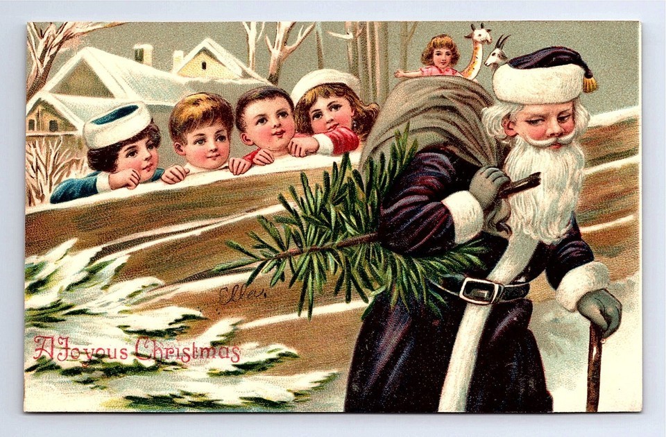 Purple Robe Santa Claus in Snow~with Children~Antique Christmas Postcard~p751