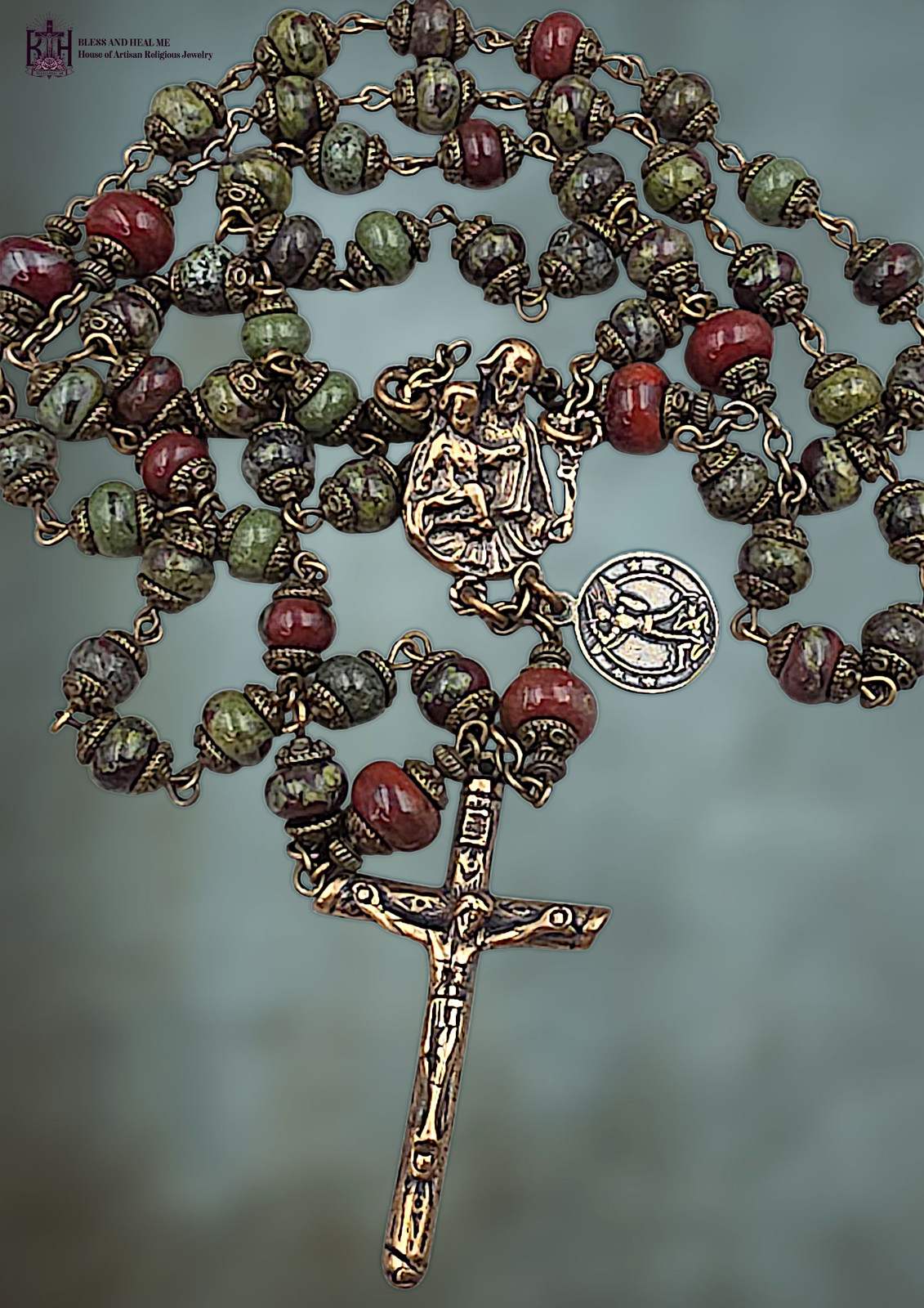 St Joseph Rosary Archangel Michael Sacred Heart - Bronze, Bloodstone, Red Jasper