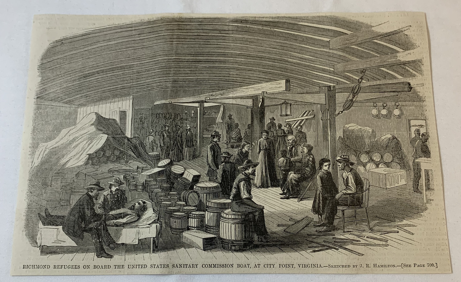1864 magazine engraving ~ RICHMOND REFUGEES ON US SANITARY COMMISSION BOAT