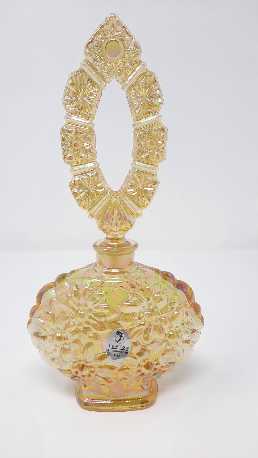 FENTON Gold Iridescent Glass Perfume Bottle w/ Stopper and Label 8\