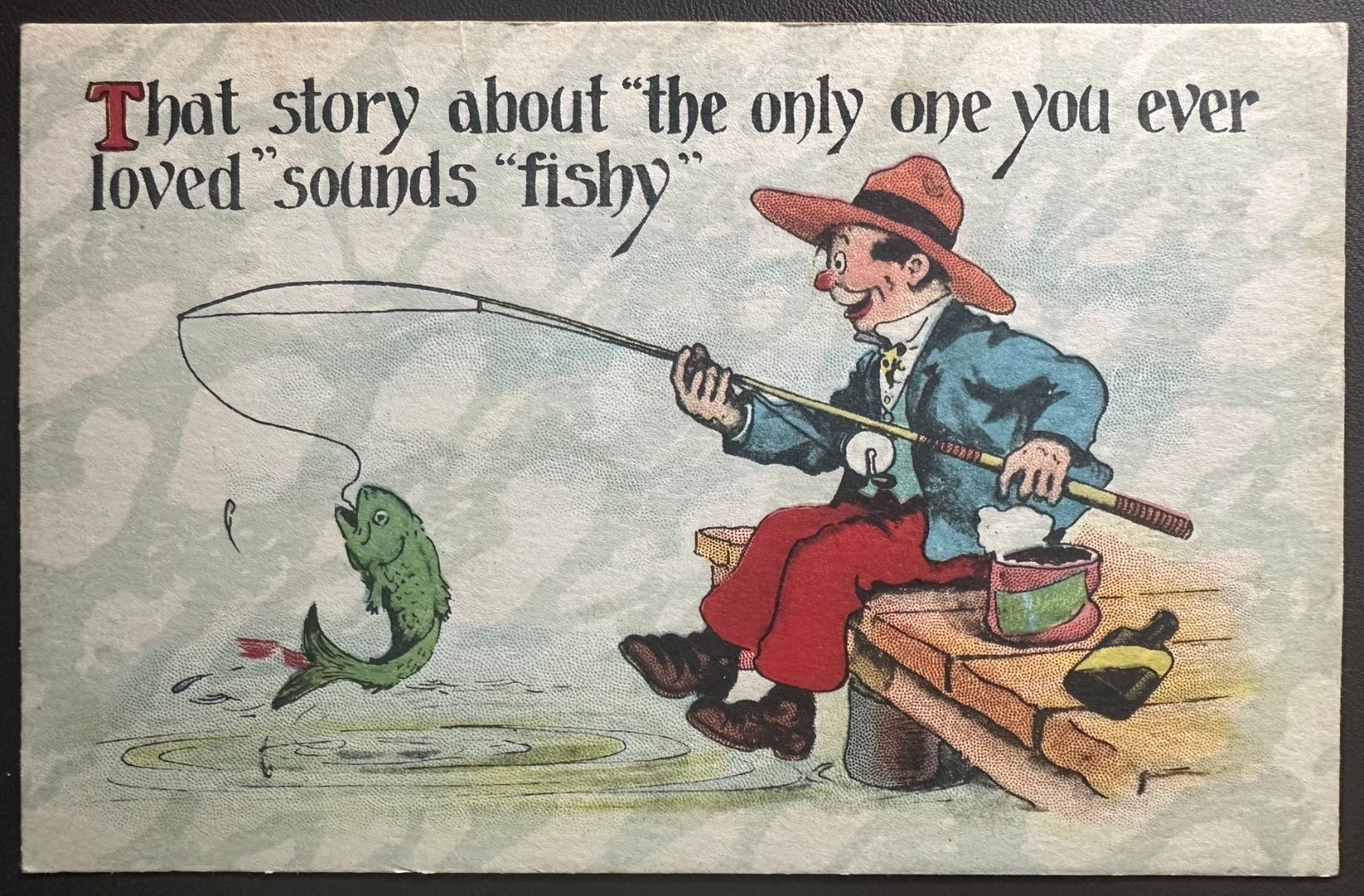c1915 Valentine Postcard Fishing Fisherman Sounds Fishy Comic Humor Antique