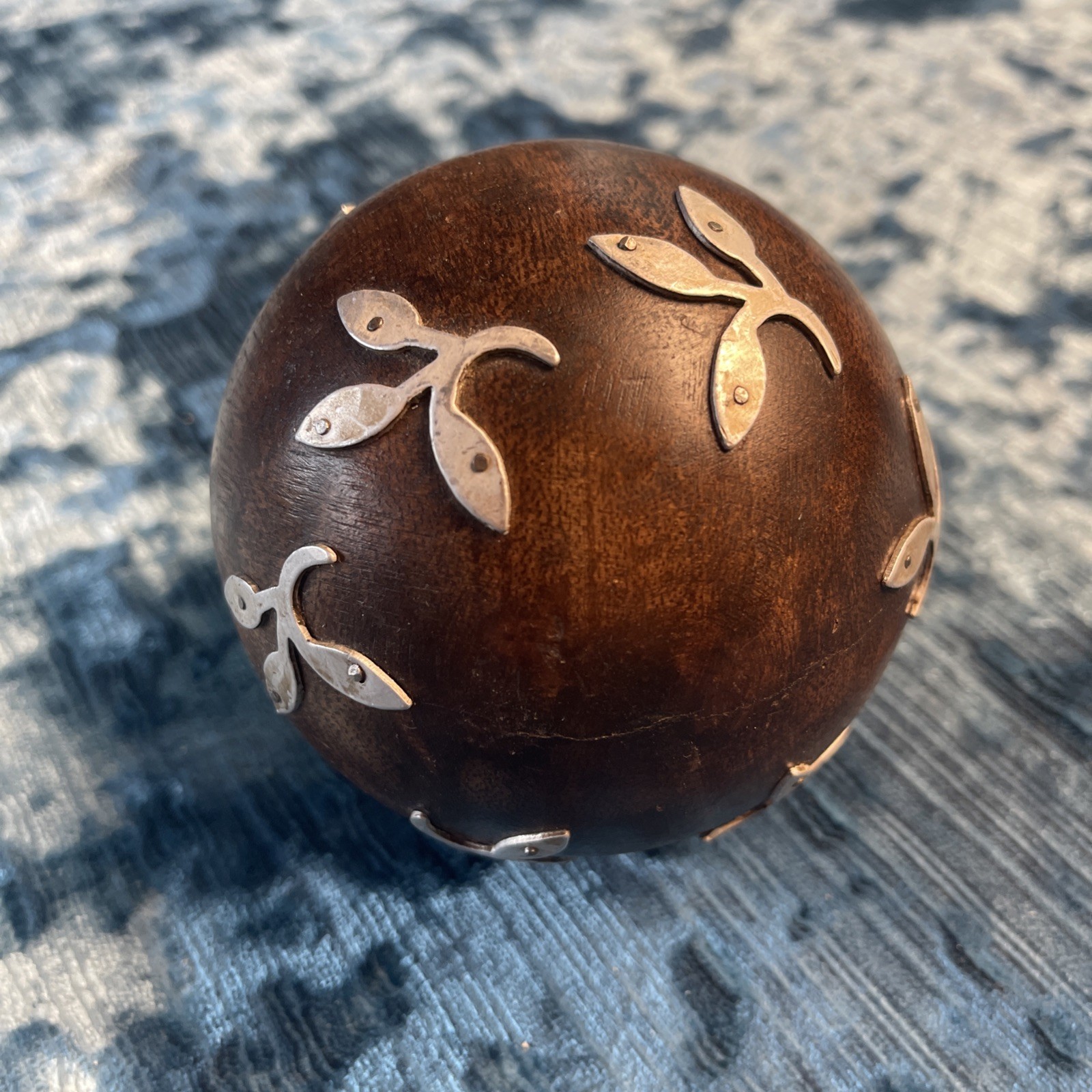 Vintage Metal Inlay Wood Carpet Ball 3”