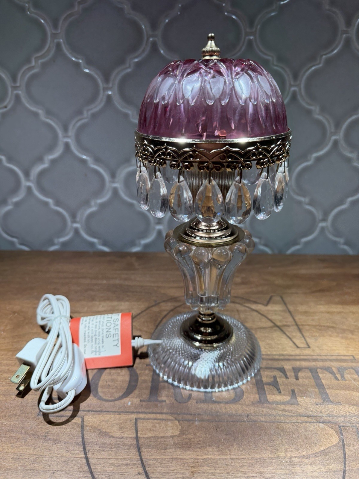 Vtg Michelotti Crystal  Cranberry  Shade Glass Prisms Boudoir Lamp 10 inch Mini