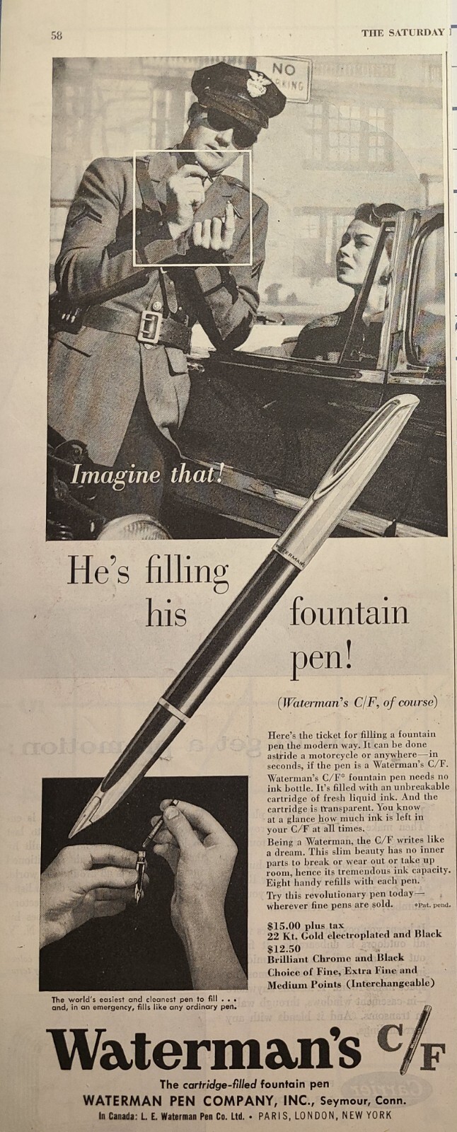 Vintage Print Ad 1955 Waterman Pen Co Inc Seymour Conn Cool Cop Interested Lady