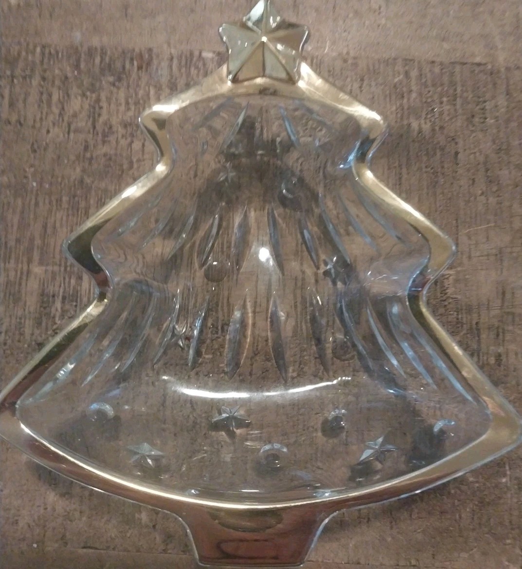 Gold Trimmed Crystal Christmas tree Candy dish Holliday 