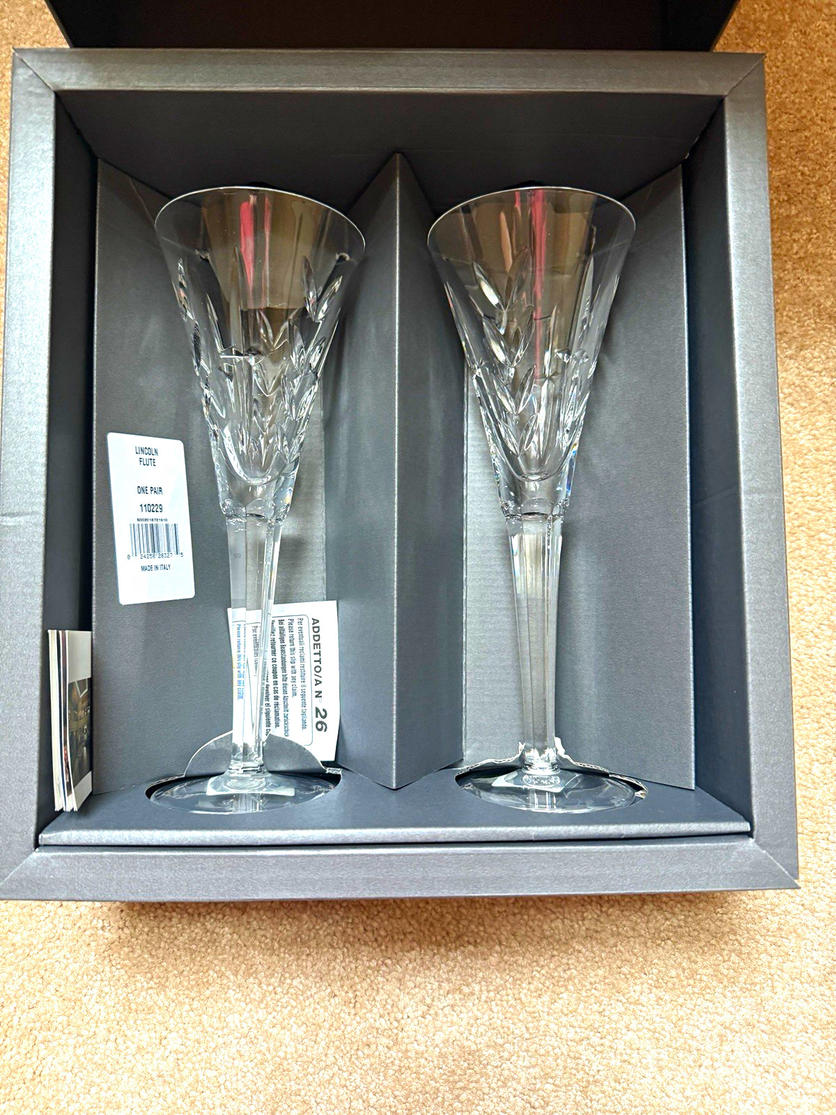 Waterford Lincoln Cut Crystal Stemmed Champagne Flutes Pair 6 oz w/ Box