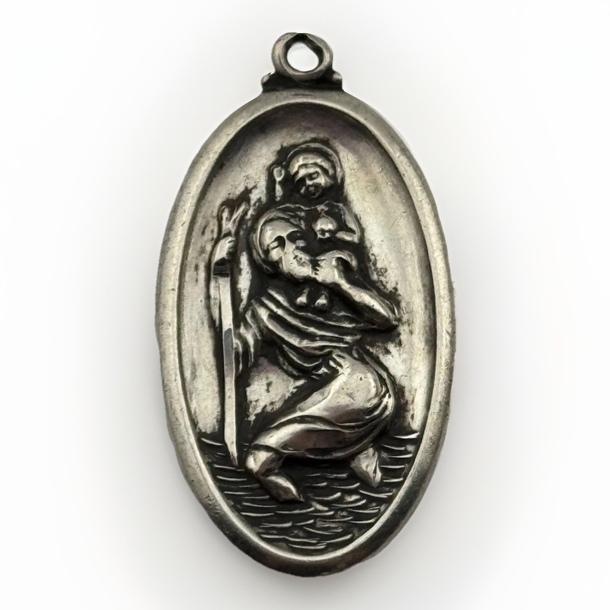 Vintage Theda Sterling Silver Saint St Christopher Medal Pendant Oval Shape