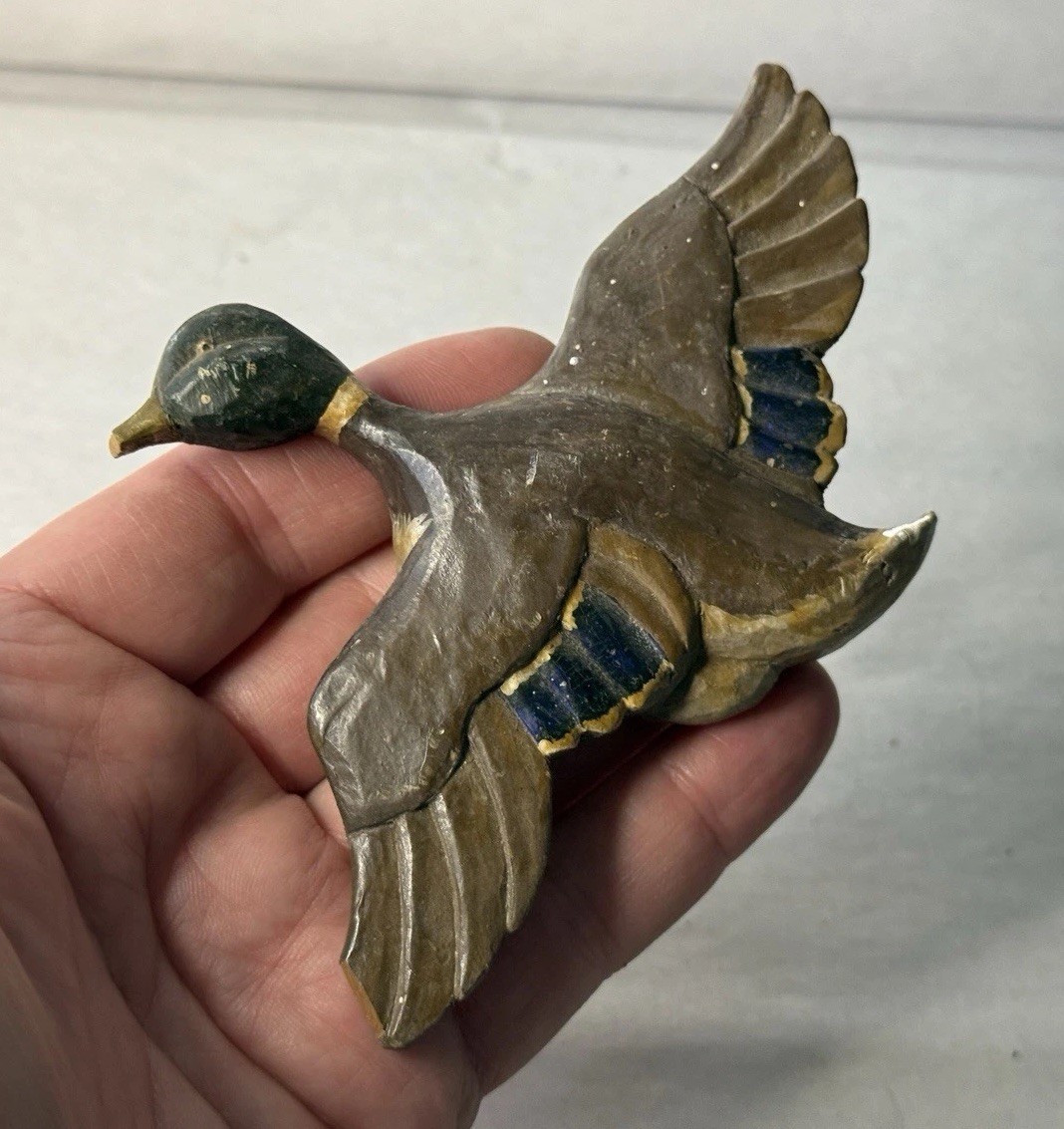 Small Vintage Hand Carved Painted Duck Figurine Wall Decor