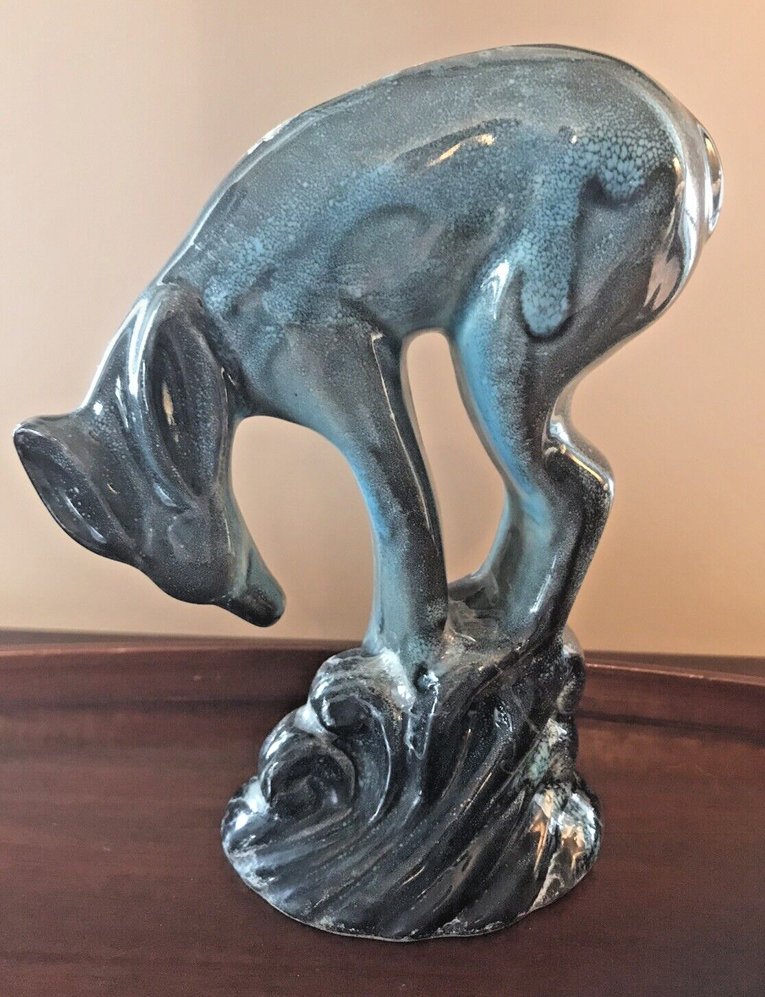 Vintage Stylized Deer Sculpture Figurine Planter in Turquoise, Black, Glazed, 6\