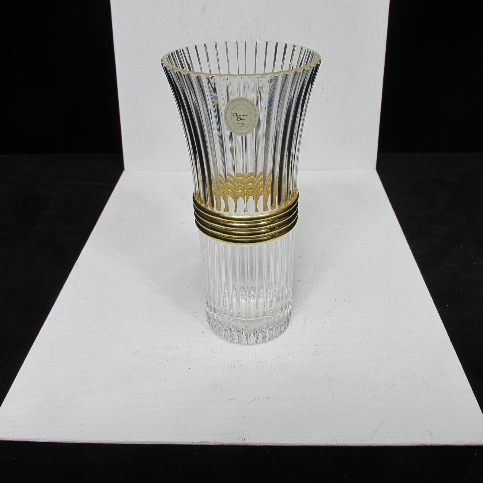 New Christian Dior Signed Crystal Gaudron 7″ Ribbed Gold Vase with tag Japan
